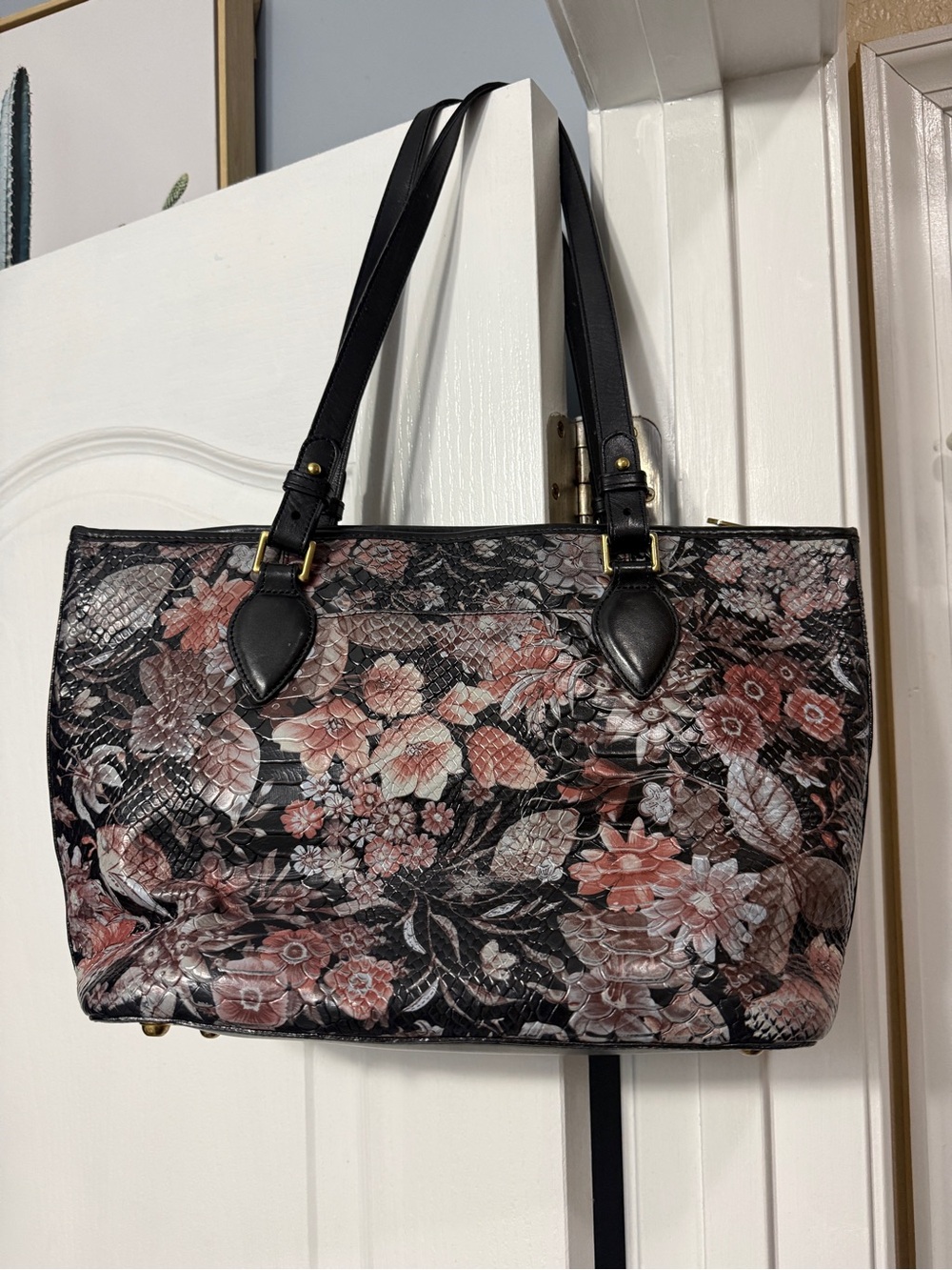 Brahmin Black Floral Embossed Tote with Pink Accents